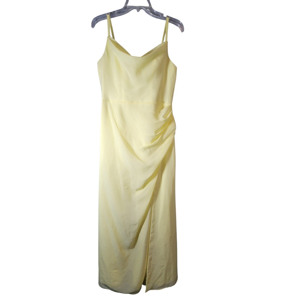 JJ's House Maxi Dress Women Pale Yellow Cowl Neck Chiffon Formal Gown Slit